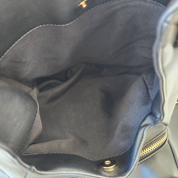 Bebe Black Faux Leather Bag Purse Large Gold Chains Glam Edgy Maximalism Loud - Picture 10 of 16